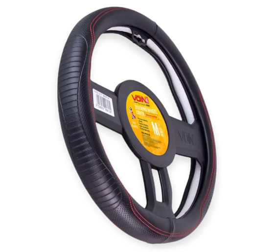 чехол руля  M  кожа  (37 - 39 см)  черный Vitol  перфор. вставка, рефленный, один шов, белая основа VLOD-L2171 BK/RD M - зображення 2