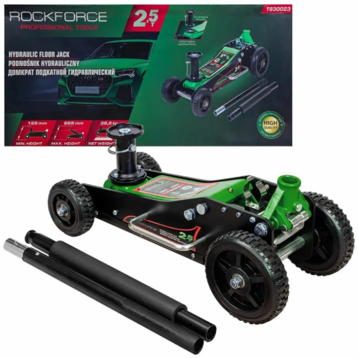 домкрат гидравл. подкатной 2,5 Т 155-665мм  (коробка) двухштоковый, съемная проставка Rock Force
