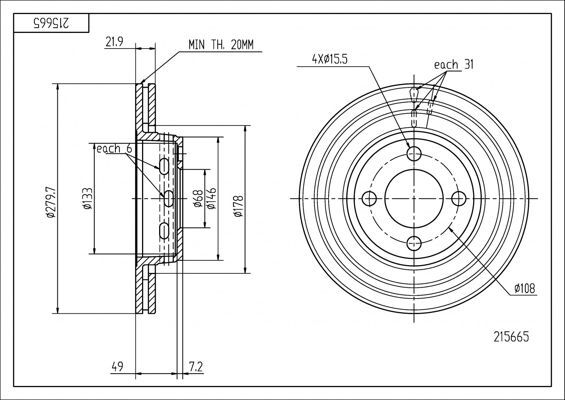 диск тормозной пер. Audi 80 B4 (d280x22mm)  (HART)