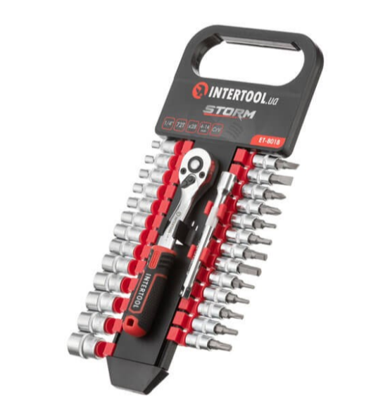 набор головок  1/4"  28 шт,  4-14 мм, головок-вставок TORX, PH, HEX, SL, с трещ., удленит. (планшет)