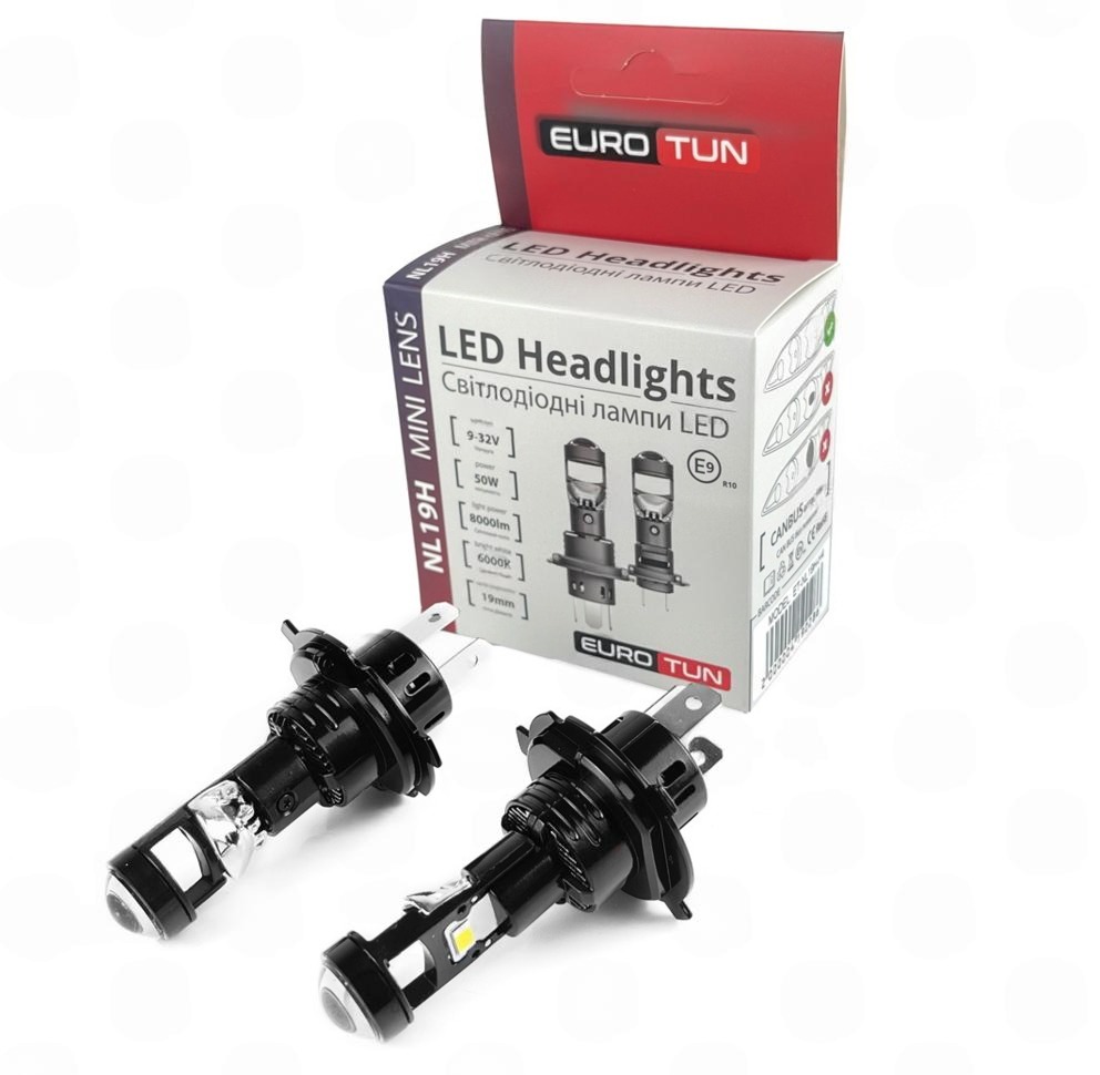 лампа LED с линзой H4 12V-24V  50W EUROTUN NL-19H 6000К 8000L CAN BUS радиатор