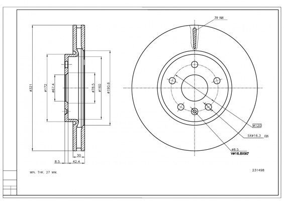 диск тормозной пер. Opel Insignia A, Chevrolet Malibu (d321x30mm)  (HART)