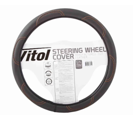 чехол руля  M  кожзам  (37 - 39 см)  черный Vitol  коричневая нить F 16113M - зображення 2