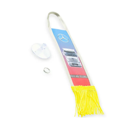 сувенир на зеркало "Вымпел Mercedes" прямоугольный полосой (фура, эмблема, бахрома снизу)