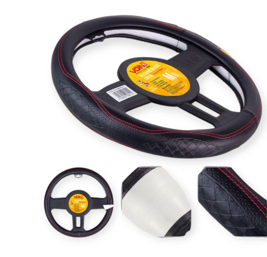 чехол руля  M  кожа  (37 - 39 см)  черный Vitol  перфор. вставка, один шов, белая основа VLOD-L2161 BK/R M - зображення 4