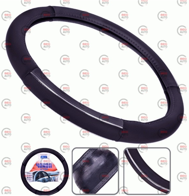чехол руля  S  кожзам  (35 - 37 см)  черный Vitol  перфор. с хром полоской