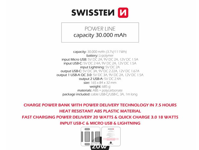 Зовнішній акумулятор SWISSTEN POWER BANK 30000 mAh, 20W DO SWS22013914 - зображення 2