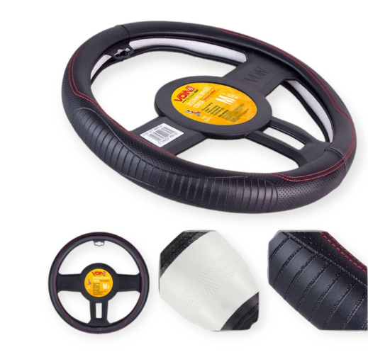 чехол руля  M  кожа  (37 - 39 см)  черный Vitol  перфор. вставка, рефленный, один шов, белая основа VLOD-L2171 BK/RD M - зображення 4