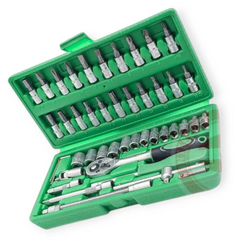 набор инструмента  1/4"  46 шт,  4-14 мм с трещ., удленит., кардан, отв.-вороток, биты