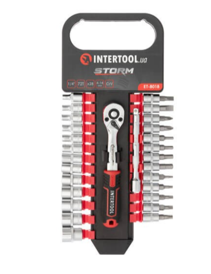 набор головок  1/4"  28 шт,  4-14 мм, головок-вставок TORX, PH, HEX, SL, с трещ., удленит. (планшет) ET-8018 - зображення 3