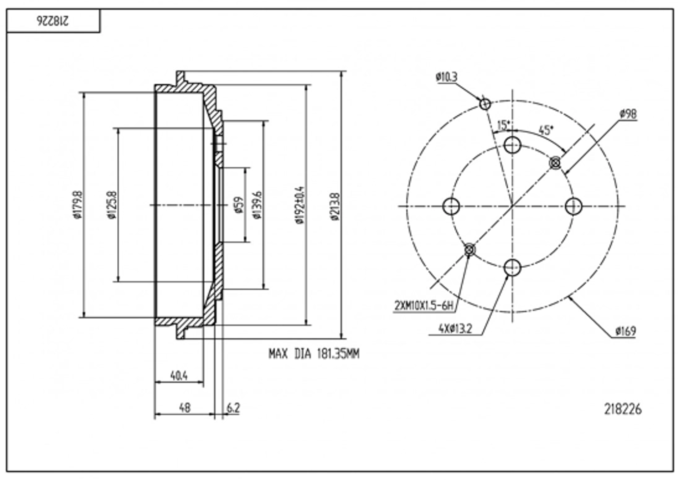 барабан тормозной Fiat Tipo, Tempra, Punto (d180x40)  (HART) 218 226 - зображення 2