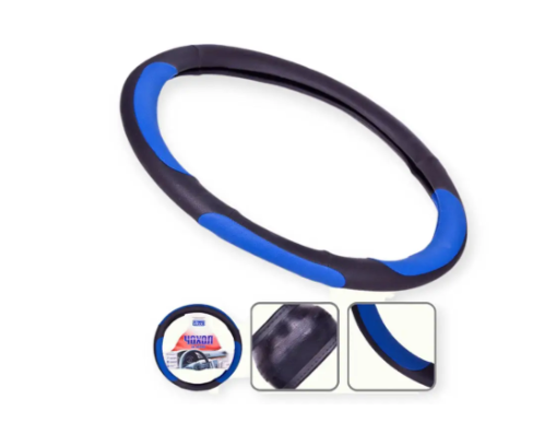 чехол руля  L  кожзам  (39 - 41 см)  черный Vitol  перфор., 4 синие всавки