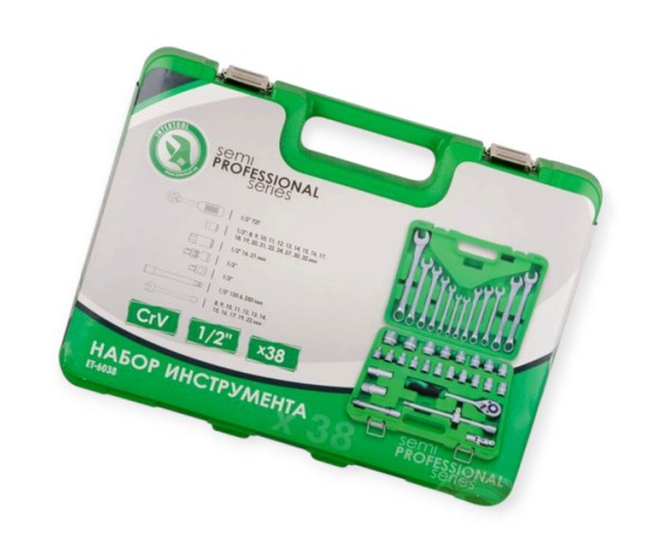 набор инструмента 1/2"  38 шт,  8-32 мм с ключами 8-22 мм, трещ., удленит., кардан., вороток ET-6038SP - зображення 2