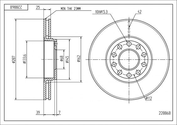 диск тормозной пер. VW Passat (96-08), Skoda Superb, (288mmx25mm) (HART)