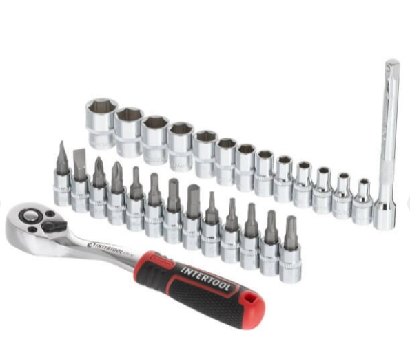 набор головок  1/4"  28 шт,  4-14 мм, головок-вставок TORX, PH, HEX, SL, с трещ., удленит. (планшет) ET-8018 - зображення 2