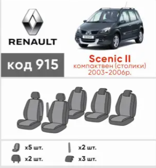 чехлы салона Renault Scenic II 2003-2006 минивэн "ткань" черно-серые