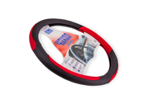 чехол руля  L  кожзам  (39 - 41 см)  черный Vitol  перфор., 4 красные всавки