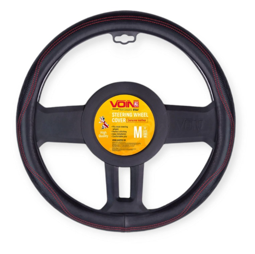 чехол руля  M  кожа  (37 - 39 см)  черный Vitol  перфор. вставка, один шов, белая основа