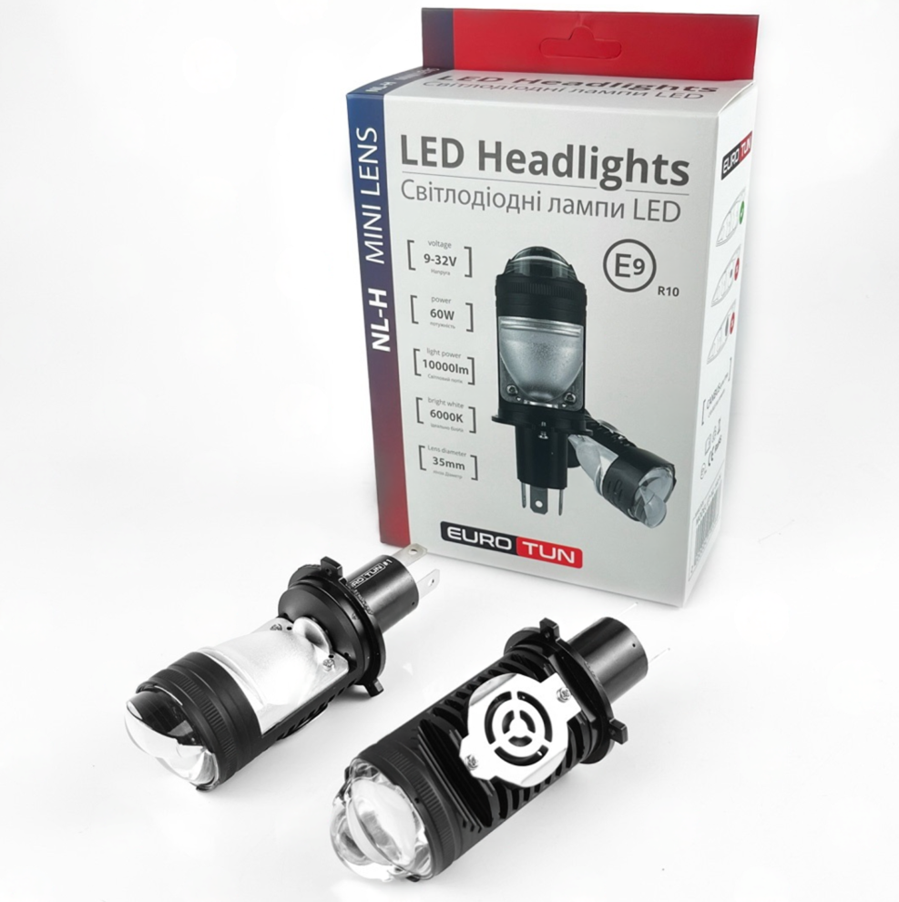 лампа LED с линзой H4 12V-24V  60W EUROTUN NL-H 6000К 10000L CAN BUS радиатор