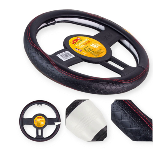 чехол руля  M  кожа  (37 - 39 см)  черный Vitol  перфор. вставка, один шов, синяя нить, белая основа VLOD-L2161 BK/BL M - зображення 4