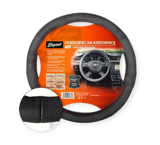 чехол руля  L  кожа  (39 - 41 см)  черный Elegant  2 перфор. вставками, красная нитка