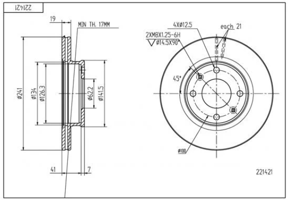 диск тормозной пер. Hyundai Getz 02-> (d241x19mm)  (HART)