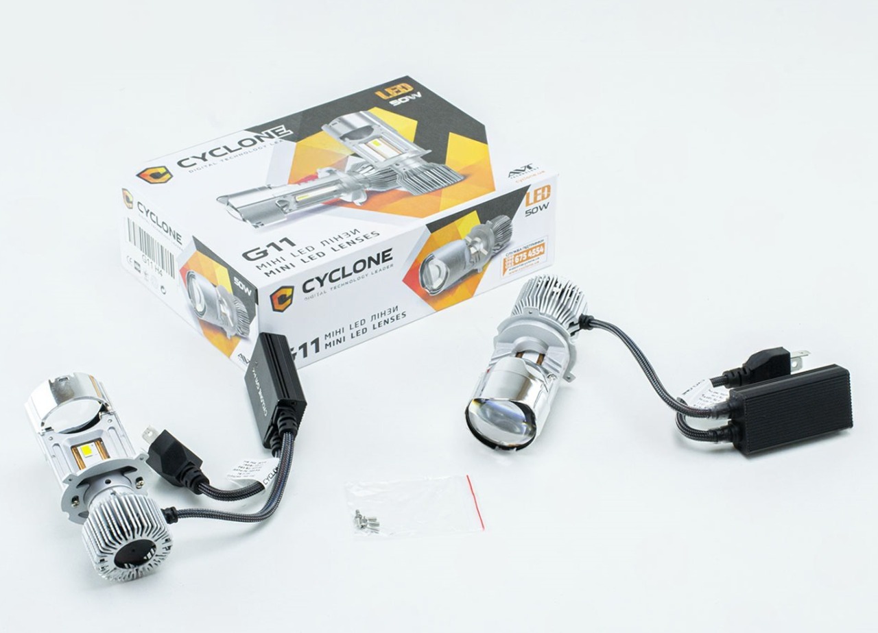 лампа LED с линзой H4 12V-24V  50W G11 6000K 11000L радиатор с вентилят.