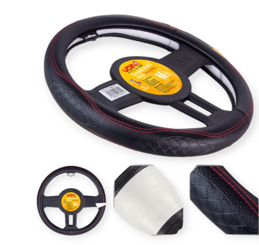 чехол руля  M  кожа  (37 - 39 см)  черный Vitol  перфор. вставка, один шов, белая основа VLOD-L2170 BK/RD M - зображення 3