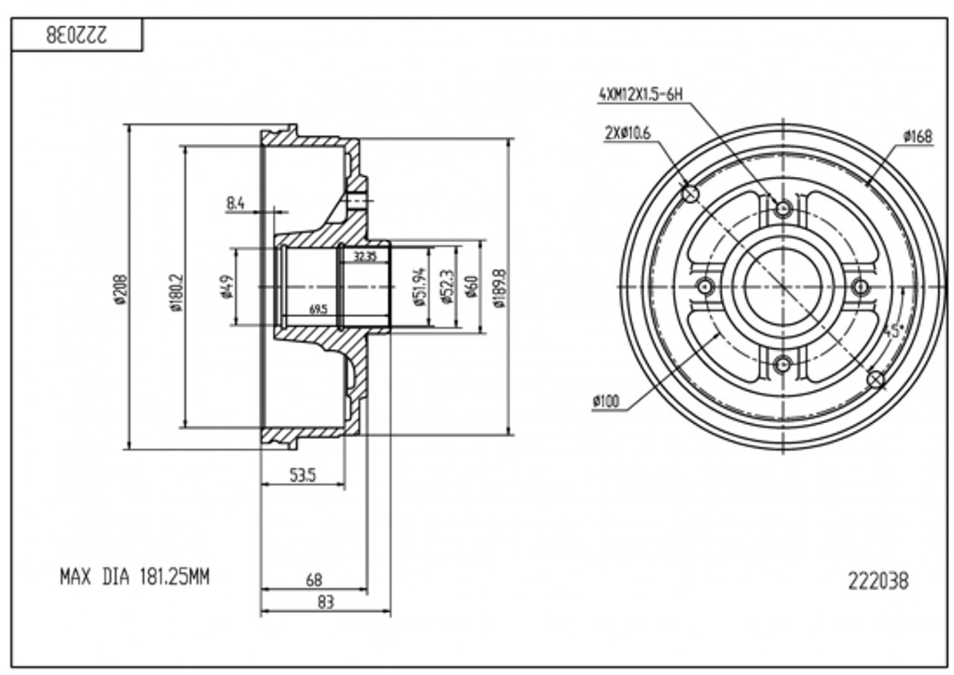 барабан тормозной Logan d-180mm (HART) 222 038 - зображення 2