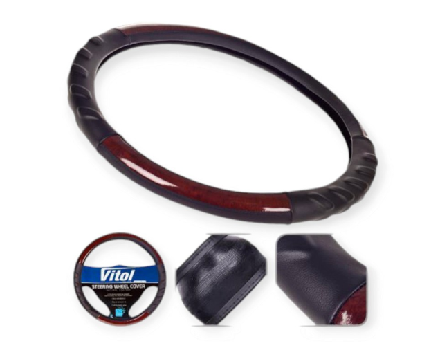 чехол руля  S  кожзам  (35 - 37 см)  черный Vitol  2 вставки под дерево, 2 рефленные