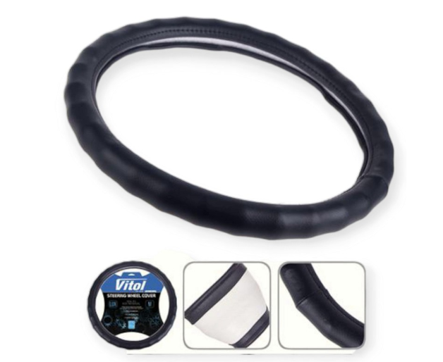 чехол руля  L  кожзам  (39 - 41 см)  черный Vitol  рефленный, один шов, белая основа