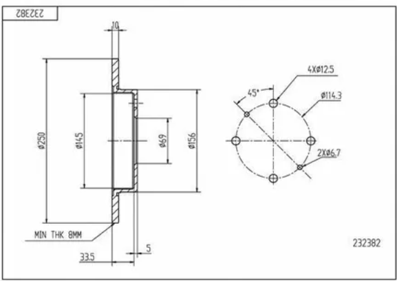 диск тормозной зад. Mitsubishi Colt, Smart Forfour 04-> (d250x10)  (HART)