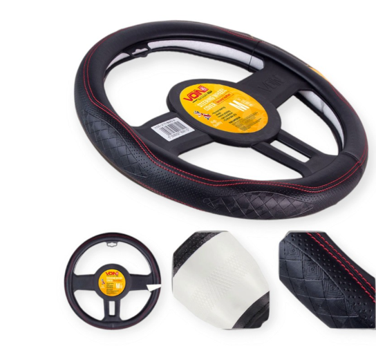чехол руля  M  кожа  (37 - 39 см)  черный Vitol  перфор. вставка, один шов, белая основа VLOD-L2164 BK/RD M - зображення 4