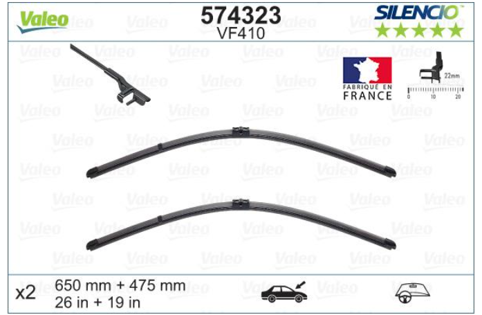 Комплект стеклоочистителей VALEO/бескаркасные/650•475 мм. / + спойлер /